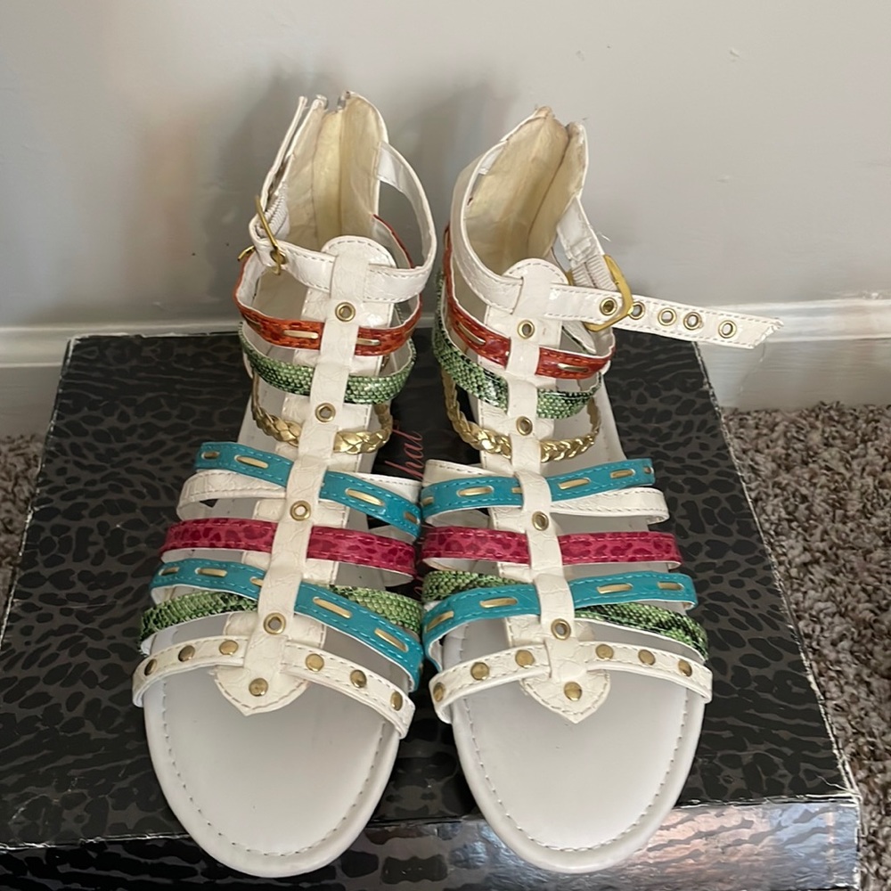 White Multicolor Gladiator Sandals. Size 7.
